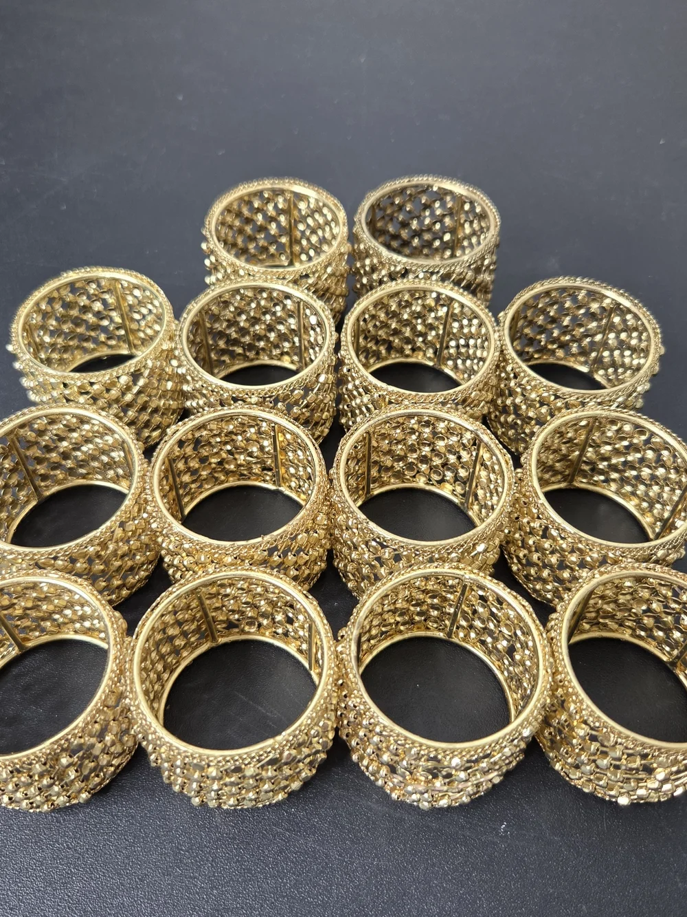Set of 14 Gold-Tone Filigree Round Napkin Rings